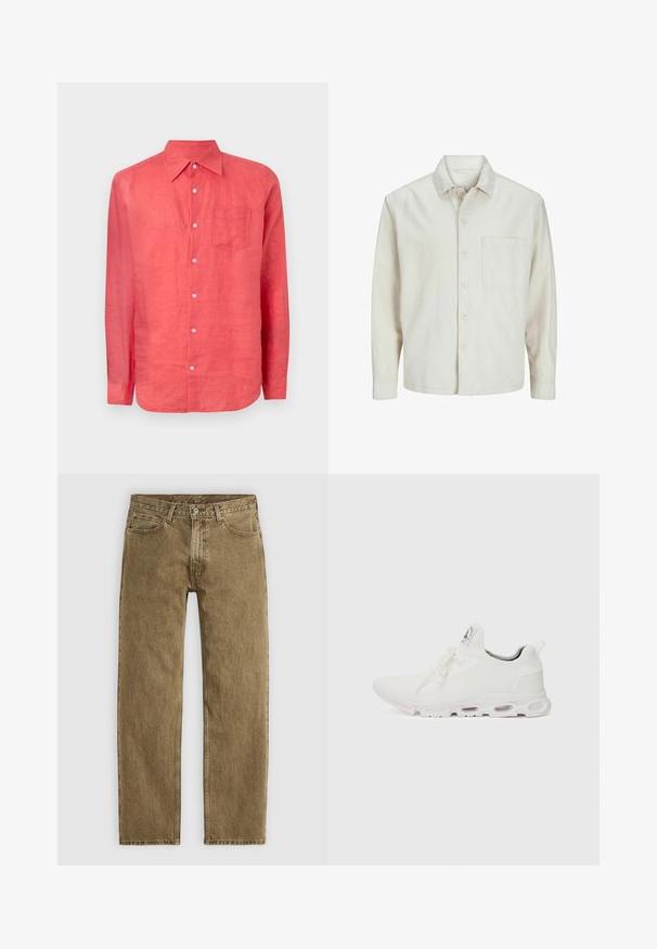 Bež srajca s gumbi, izdelana iz bombaža, s klasičnim ovratnikom, dolgimi rokavi, enim žepom na prsih in sproščenim krojem. Gladka, mehka tekstura.; GAP Srajca - watermelon ice; Svetlo rjave jeans hlače s ravnim krojem, zasnovo s petimi žepi in kovinsko opremo v bakreni barvi. Teksturovan material s vidnimi šivi.; Bela atletska obuća z značilnom pletenom gornjom stranom, ravnim vezicama i podlogom s jastučićem koja ima vidljive zračne komore za dodatnu potporu.