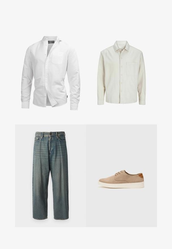 Cămașă bej cu nasturi, din bumbac, cu guler clasic, mâneci lungi, un buzunar la piept și o croială lejeră. Textură netedă și moale.; Cămașă albă cu mânecă lungă, din bumbac, având un buzunar pe piept, guler clasic și croială standard cu hem curbat.; Jeans din denim bleu deschis, cu o croială lejeră, talie medie și picioare drepte. Au cinci buzunare, bucle pentru curea și închidere cu nasture.; Tenisi din suede bej cu vârf rotund, sistem de șireturi în față și un accent texturat în spate. Talpa albă din cauciuc oferă un contrast. Design simplu și modern.