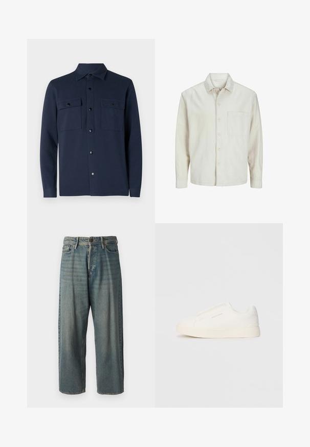 Chemise beige à manches longues en coton, avec un col classique, une poche poitrine et une coupe décontractée. Texture lisse et douce.; Chemise bleue marine à boutons, fabriquée en tissu doux, avec deux poches poitrine, un col pointu et un ourlet droit. Aucun motif ni accent visible.; Jeans en denim bleu clair avec une coupe ample, taille mi-haute et jambes droites. Comprend cinq poches, des passants de ceinture et une fermeture à bouton.; Baskets blanches sans lacets avec une surface texturée, une semelle épaisse et un design minimaliste. Présente le logo de la marque sur le côté.