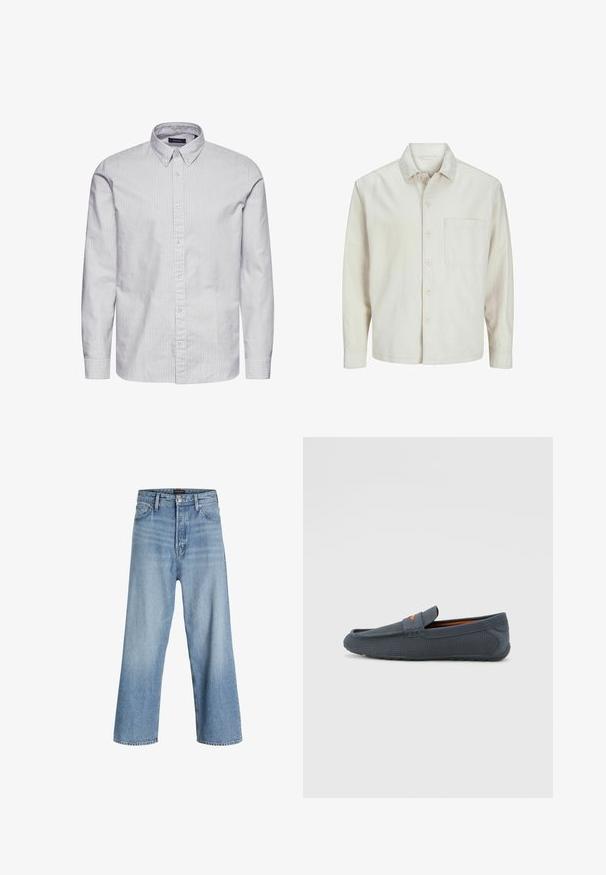 Bež srajca s gumbi, izdelana iz bombaža, s klasičnim ovratnikom, dolgimi rokavi, enim žepom na prsih in sproščenim krojem. Gladka, mehka tekstura.; Matinique TROSTOL - Srajca - morel; Svijetloplave traperice širokih nogavica od denima, s visokim strukom, klasičnim dizajnom s pet džepova te kopčanjem na gumbe s patentnim zatvaračem.; Sive perforirane loferice z običajnim zapiranjem, ki imajo oranžen akcent, okroglo konico in teksturiran gumijast podplat.