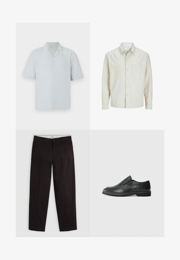 Beige painasärk, mis on valmistatud puuvillast, klassikalise kraega, pika varrukaga, ühe rinna taskuga ja lõdva lõikega. Sile, pehme tekstuur.; Lyhythihainen napitettava paita vaaleansinisistä ja valkoisista raidoista. Ominaisuuksiin kuuluu klassinen kaulus ja rento istuvuus kevyessä kankaassa.; Mustat suorat chinosit vyölenkeillä, nappisuljettuna ja sivutaskuilla, esillä vaaleanharmaalla taustalla.; Musta nahkainen liukujalkine, jossa on sileä pinta, ommeltuja yksityiskohtia, pyöristetty kärki ja matala kumipohja. Pohjassa on minimaalinen pito.