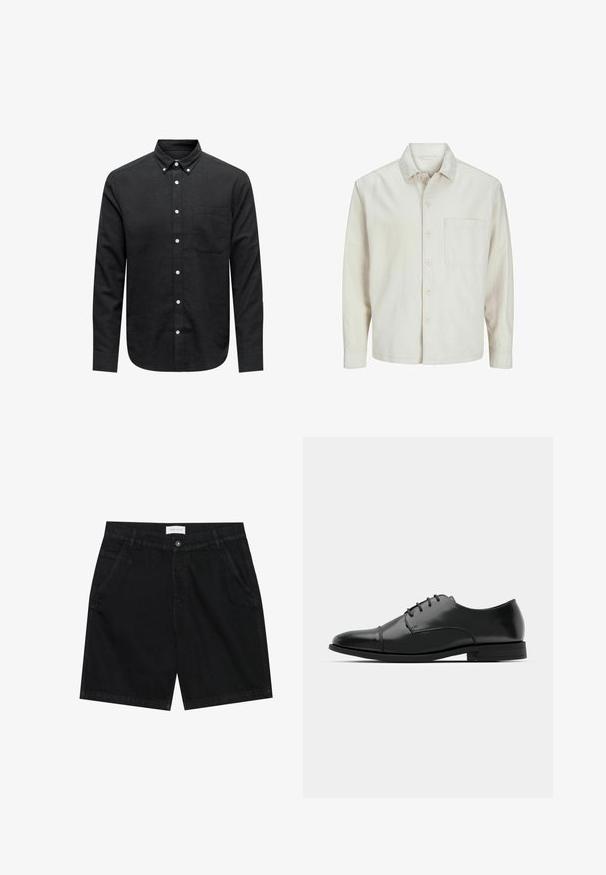 Beige knap-skjorte lavet af bomuld med klassisk krave, lange ærmer, en brystlomme og en afslappet pasform. Glat, blød tekstur.; Sort skjorte med knapper lavet af vævet stof, med spids krave, lange ærmer, en brystlomme og hvide knappeaccenter.; Sorte denim shorts med en klassisk pasform, der har to frontlommer, en knaplukning og et mærke ved taljen. Tekstureret stof.; Sort læder dress-sko med rund tå, snørebåndsdesign, diskrete syninger og lav hæl. Glat tekstur med poleret finish.