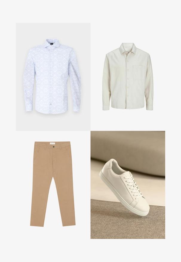 Beige színű, pamut anyagú gombos ing, klasszikus gallérral, hosszú ujjakkal, egy mellzsebbel és laza szabással. Sima, puha tapintású.; Világoskék, hosszú ujjú ing, virágmintával, sima anyagból készült. Jellemzője a hegyes gallér és a gombos elülső záródás.; Kakik színű, pamut keverékből készült chino nadrág, sima elejű, két oldalsó zsebbel és egy hátsó zsebbel. Könnyű anyag, sima textúrával.; Fehér bőr sneaker fehér fűzőkkel, bézs textúrázott felületen és lágyan elmosódott háttérrel bemutatva.
