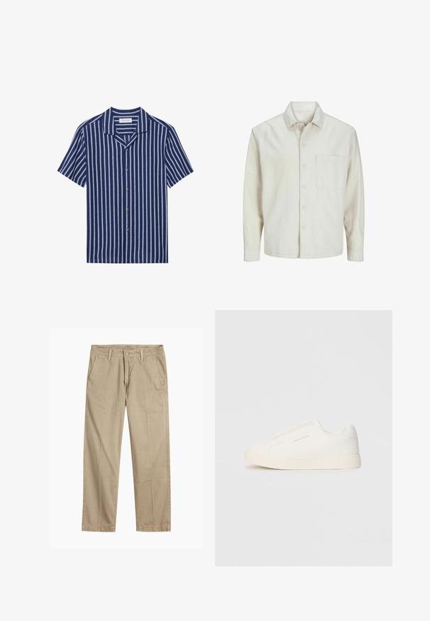 Beige pogrieta krekls no kokvilnas ar klasisku apkakli, garām piedurknēm, vienu krūšpocketu un brīvu piegriezumu. Gluda, maiga tekstūra.; Pier One LINEN MIX BLEND SHIRT - Krekls - dark blue/white; Beigās taisnās kājas chinos bikses ar jostas cilpām, priekšējo pogu un rāvējslēdzēja aizdari, kā arī slīpām priekšējām kabatām.; Baltas slip-on sporta apavi ar teksturētu virsmu, biezu zoli un minimālistisku dizainu. Sānos redzams zīmola logotips.