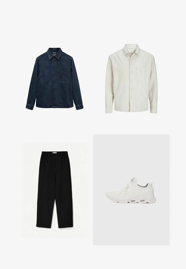 Camicia beige a bottoni realizzata in cotone con colletto classico, maniche lunghe, una tasca sul petto e una vestibilità rilassata. Texture liscia e morbida.; Camicia di denim blu scuro con colletto a punta, chiusura frontale con bottoni e una tasca sul petto. Maniche lunghe con polsini abbottonati.; Pantaloni neri a gamba larga realizzati in un tessuto leggero. Presentano una vita elasticizzata e una texture liscia. Senza motivi visibili o accessori.; Scarpe atletiche bianche con tomaia in maglia testurizzata, lacci piatti e una suola ammortizzata con camere d'aria visibili per un supporto aggiuntivo.