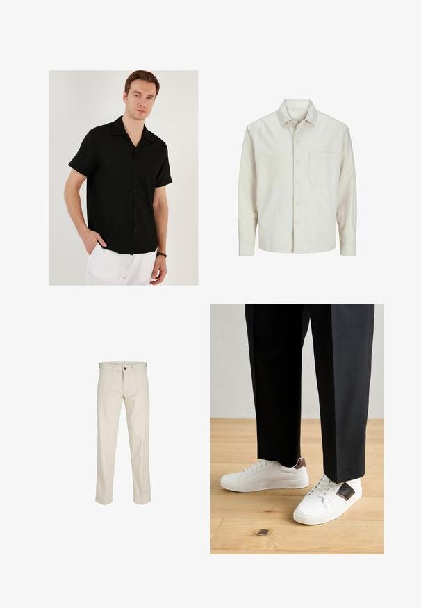 Bež srajca s gumbi, izdelana iz bombaža, s klasičnim ovratnikom, dolgimi rokavi, enim žepom na prsih in sproščenim krojem. Gladka, mehka tekstura.; Srajca s kratkimi rokavi črne barve z gubanjem, s koničnim ovratnikom in ravnim robom. Oblečena čez bele hlače, s sproščenim krojem.; Bež bombažne hlače s ravnim krojem, gumbom za zaponko, sprednjimi žepi in šivanimi šivi. Gladka tekstura, minimalno pozornost na podrobnosti in brez vzorcev.; Beli športni copati z gladko teksturo, okrašeni z rjavimi usnjenimi detajli in črnimi poudarki, v kombinaciji s črnimi krojenimi hlačami. Ozadje iz lesenih tal.