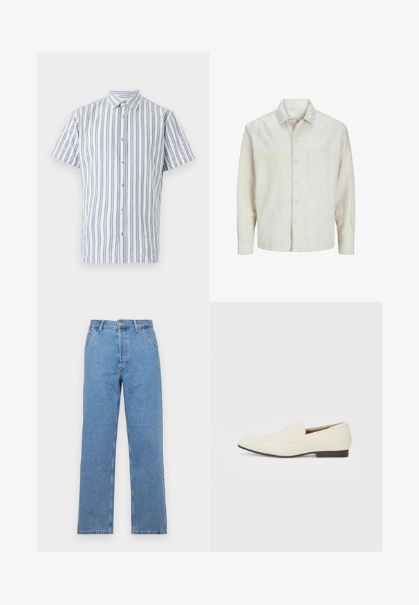 Beige button-up shirt made of cotton with a classic collar, long sleeves, one chest pocket, and a relaxed fit. Smooth, soft texture.; Short-sleeve shirt in light blue and white stripes, featuring a button-down front and beige buttons. Made from textured fabric.; Light blue denim straight-leg jeans with a classic five-pocket design, featuring a front button closure and belt loops. Smooth texture.; Light beige loafers with a pointed toe, smooth material, a strap across the vamp, and a low brown sole. Simple design with minimal accents.
