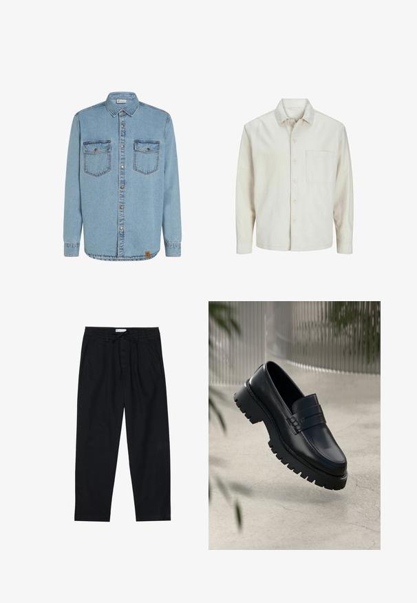 Beige pogrieta krekls no kokvilnas ar klasisku apkakli, garām piedurknēm, vienu krūšpocketu un brīvu piegriezumu. Gluda, maiga tekstūra.; Gaiši zils džinsa krekls ar garām piedurknēm, pogu aizdare priekšpusē, divām krūšu kabatām un kontrastējoša šuvuma. Iespējojas auduma logo birka apakšmalā.; Pier One Chinos tipa bikses - black; Melni ādas loafers ar masīvu protektora zoli, ar dekoratīvu siksnu un šuvuma detaļām. Gluda tekstūra ar spīdīgu apdari.