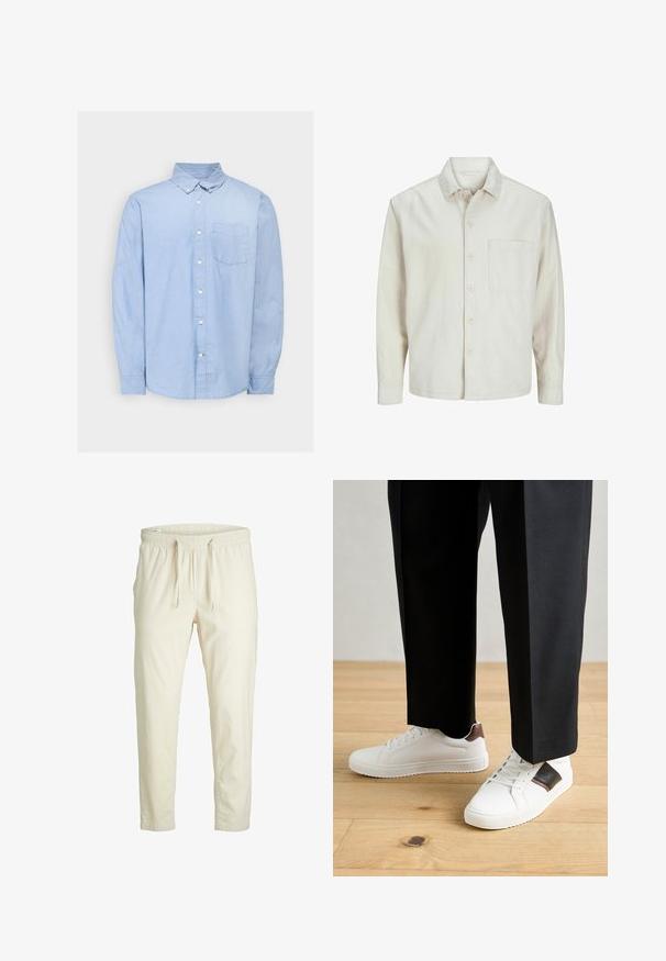Šviesiai rudos spalvos medvilninis marškinis su klasikiniais atvartais, ilgomis rankovėmis, viena krūtine kišenė ir laisvas fasonas. Sklandus, minkštas paviršius.; GAP STANDARD - Dalykiniai marškiniai - light blue; Šviesiai kreminiai džinsai su elastinga juosta, reguliuojamu raiščiu ir siaurėjančiais kulkšnimis, pagaminti iš minkštos, tekstūruotos medžiagos.; Balti sportbačiai su glotnia danga, puošti rudais odiniais akcentais ir juodais detalėmis, derinami su juodais pritaikytais kelnėmis. Medinių grindų fonas.