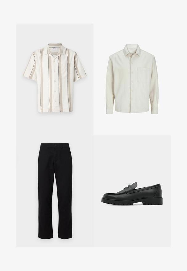 Beige overhemd met knopen, gemaakt van katoen, met een klassieke kraag, lange mouwen, één borstzak en een comfortabele pasvorm. Glad, zacht textuur.; Korte mouwen overhemd in beige en witte strepen met een textuurpatroon, één borstzak en een klassieke kraag, gemaakt van een lichte stof.; GAP SLIM PERFORMANCE STRETCH - Chino - true black; Zwarte leren instappers met een ronde neus, voorzien van een gestikt ontwerp, een lage platformzool en een gestructureerde, grof rubberen buitenzool.