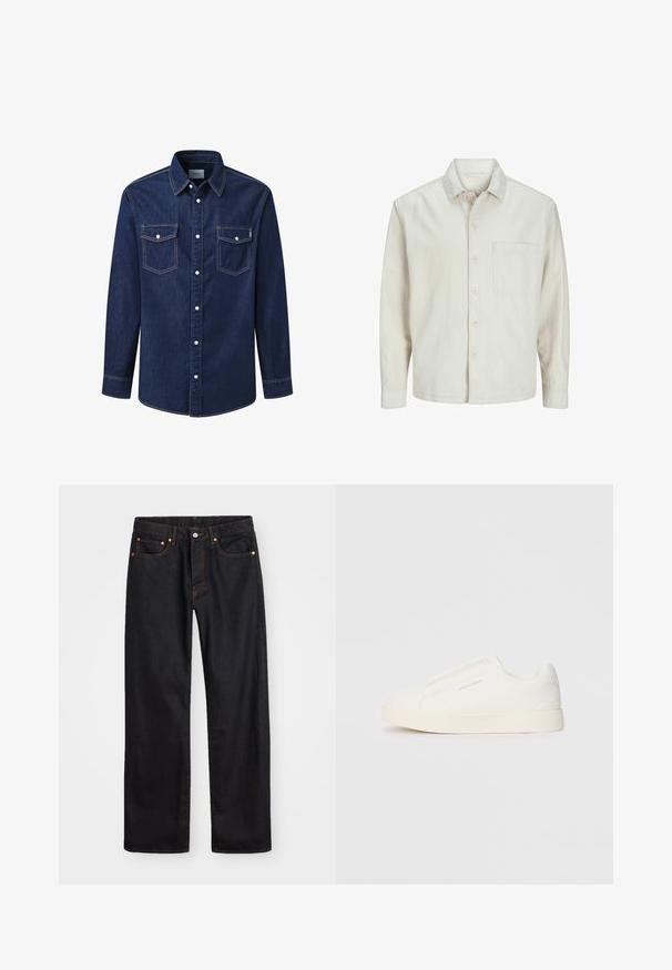 Beżowa koszula z długim rękawem wykonana z bawełny, z klasycznym kołnierzykiem, jedną kieszenią na piersi i luźnym krojem. Gładka, miękka faktura.; Jeansowa koszula w ciemnoniebieskim kolorze, z długimi rękawami, spiczastym kołnierzem, dwiema kieszeniami na piersi oraz białymi zatrzaskami, z kontrastowym przeszyciem.; Męskie jeansy w prostym kroju, czarne, z pięcioma kieszeniami oraz pomarańczowymi strefami, z zapięciem na guzik i zamek z przodu w pasie.; Białe sneakersy wsuwane z teksturowanej powierzchni, grubą podeszwą i minimalistycznym designem. Zawierają logo marki z boku.