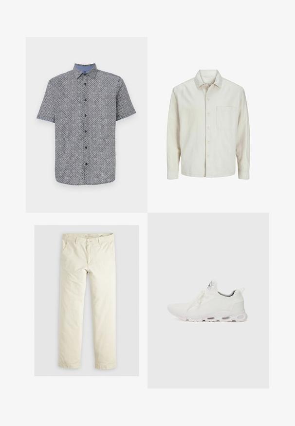 Beige színű, pamut anyagú gombos ing, klasszikus gallérral, hosszú ujjakkal, egy mellzsebbel és laza szabással. Sima, puha tapintású.; Rövidujjú ing sötétkék és fehér színben, geometrikus mintázattal, gombos elülső résszel, és világoskék kontraszt színű gallérral és mandzsettákkal. Könnyű anyag.; Világos bézs, laza szabású nadrág három zsebbel, övpántokkal és egyenes szárú kialakítással. Puha pamut keverék anyagból készült.; Fehér sportcipők, texturált kötött felsőrésszel, lapos fűzőkkel és párnázott talppal, amely látható légkamrákkal rendelkezik a megerősített kényelem érdekében.