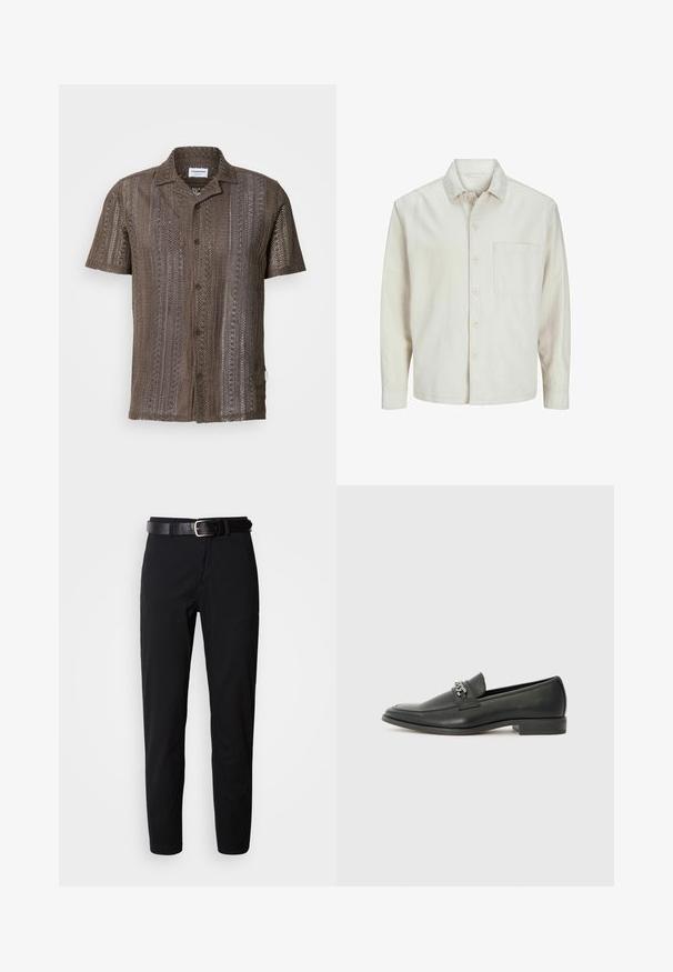 Šviesiai rudos spalvos medvilninis marškinis su klasikiniais atvartais, ilgomis rankovėmis, viena krūtine kišenė ir laisvas fasonas. Sklandus, minkštas paviršius.; Rudas megztas trumpomis rankovėmis marškinėliai su tekstūruotu atviru audiniu, mygtukais priekyje ir įpjauta apykakle. Vertikalūs dryžių raštai su žemiškomis spalvomis.; Juodi kelnių modeliai su tiesiu kirpimu, turintys lygų paviršių ir juodas odinis diržas su sidabriniu sagtimi. Paprastas dizainas, be raštų ar akcentų.; Juodos odinės loafer tipo bateliai su lygiu paviršiumi, turintys siuvinėtą dizainą ir dekoratyvų metalo grandinėlės akcentą ant batų viršaus. Plokščias kulnas.