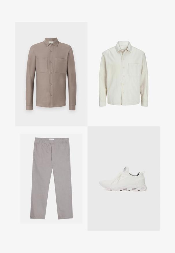 Beige pogrieta krekls no kokvilnas ar klasisku apkakli, garām piedurknēm, vienu krūšpocketu un brīvu piegriezumu. Gluda, maiga tekstūra.; Gai brūns krekls ar apkakli, divām krūšu kabatām un garām piedurknēm, izgatavots no gludas, teksturētas auduma.; Gaiši pelēkas kokvilnas bikses ar elastīgu jostu, divām sānu kabatām, taisnu kāju dizainu un gludu tekstūru. Vienkārša šuvēšana.; Baltas sporta apavi ar teksturētu adītu augšdaļu, platiem auklām un mīkstinātu zoli ar redzamām gaisa kamerām papildu atbalstam.