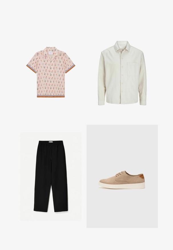 Beige knap-skjorte lavet af bomuld med klassisk krave, lange ærmer, en brystlomme og en afslappet pasform. Glat, blød tekstur.; Kortærmet skjorte i beige med blomster mønster, der har pink, orange og grønne illustrationer. Accentueret med stribede blå og brune kanter.; Sorte, vidde ben bukser lavet af et let stof. Har en elastisk talje og en glat tekstur. Ingen synlige mønstre eller hardware.; Beige ruskinds sneakers med rund tå, snørebånd foran og en struktureret rygdetalje. Hvid gummisål giver kontrast. Enkel og moderne design.