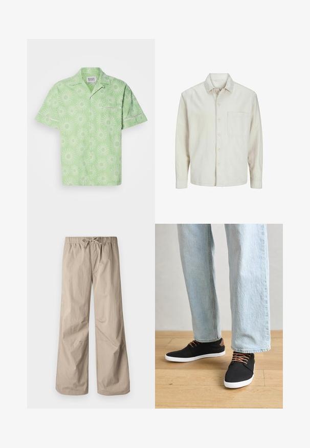 Béžová košeľa s gombíkmi vyrobená z bavlny, s klasickým golierom, dlhými rukávmi, jednou náprsní kapsou a voľným strihom. Hladká, mäkká textúra.; Krátky rukáv, svetlozelená košeľa so vzorom slnečného nárazu v bielej farbe, s gombíkovým zapínaním a malou náprsné kapsou. Štruktúrovaná tkanina.; Béžové široké nohavice s elastickým pásom a šnúrkou. Hladký povrch, dve bočné vrecká a minimálne švy pre uvoľnený strih.; Čierne plátenné tenisky s hnedými akcentmi, bielymi gumovými podrážkami a hnedými šnúrkami, skombinované so svetlomodrými rovnými džínsami. Pozadie s drevenou podlahou.