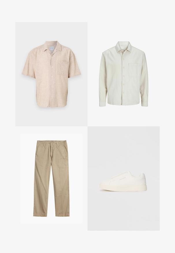 Beige button-up shirt made of cotton with a classic collar, long sleeves, one chest pocket, and a relaxed fit. Smooth, soft texture.; Short-sleeve button-up shirt in beige linen blend, featuring a chest pocket, subtle texture, and a classic collar design.; Beige straight-leg chinos with belt loops, front button and zipper closure, and slant front pockets.; White slip-on sneakers with a textured surface, a thick sole, and minimalistic design. Features brand logo on the side.