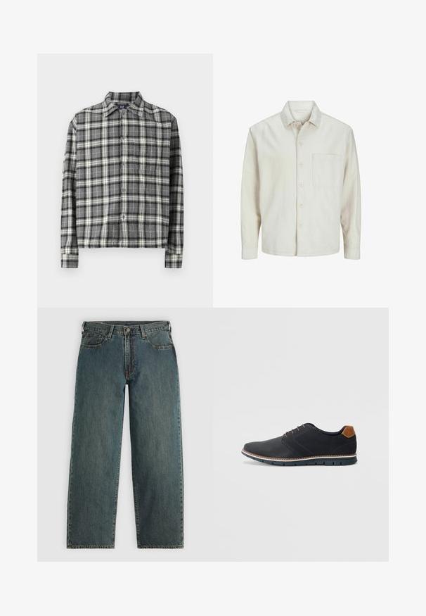 Beige button-up shirt made of cotton with a classic collar, long sleeves, one chest pocket, and a relaxed fit. Smooth, soft texture.; Black and white plaid button-up shirt with a collar, long sleeves, and a relaxed fit. Made of a soft, textured fabric.; Dark blue straight-leg denim jeans with a button and zipper closure, front pockets, and belt loops on a light gray background.; Black synthetic shoes with a textured upper, smooth accents, brown heel, and a contrasting sole. Features minimal lacing and stitch details.