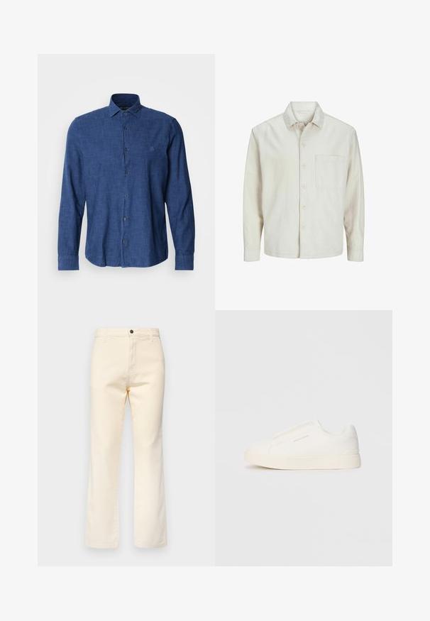 Beige pogrieta krekls no kokvilnas ar klasisku apkakli, garām piedurknēm, vienu krūšpocketu un brīvu piegriezumu. Gluda, maiga tekstūra.; Zilas garām piedurknēm krekls, izgatavots no strukturētas auduma, ar tradicionālo apkakli, pogu aizdari un diskrētu logo izšķūšanu uz krūtīm.; Kremkrāsas kokvilnas džinsi ar taisnu kāju dizainu, kuriem ir priekšējā pogu aizdare un standarta piecu kabatu stilistika.; Baltas slip-on sporta apavi ar teksturētu virsmu, biezu zoli un minimālistisku dizainu. Sānos redzams zīmola logotips.