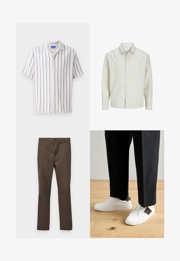 Béžová košeľa s gombíkmi vyrobená z bavlny, s klasickým golierom, dlhými rukávmi, jednou náprsní kapsou a voľným strihom. Hladká, mäkká textúra.; Krátky rukáv, golierová košeľa v krémovej farbe s námorníckymi vertikálnymi pruhmi. Vyrobená z textilnej tkaniny, s predným zapínaním na gombíky.; Hnedé bavlnené nohavice so strihom rovného nohu, s gombíkovým zapínaním a pútkom na opasok, hladká textúra bez vzorov alebo akcentov.; Biele tenisky s hladkým povrchom, s hnedými koženými akcentmi a čiernymi detailmi, spárované s čiernymi elegantnými nohavicami. Pozadím je drevená podlaha.