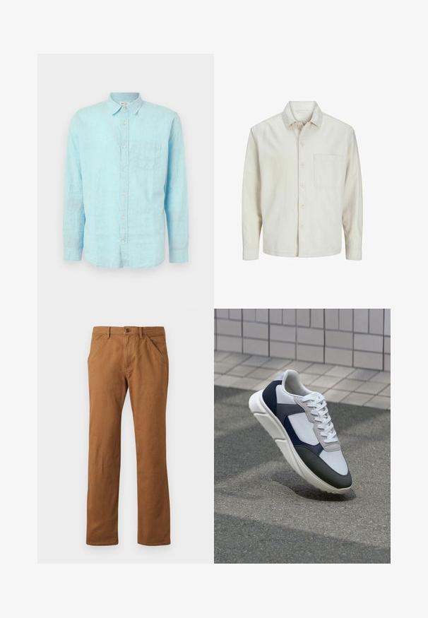 Beige button-up shirt made of cotton with a classic collar, long sleeves, one chest pocket, and a relaxed fit. Smooth, soft texture.; GAP STANDARD - Shirt - aqua glaze; Brown cotton trousers with a straight cut, featuring a button closure, side pockets, and a smooth texture. Suitable for casual wear.; White, navy, and gray sneaker with a mixed material design, featuring a textured upper, flat laces, and a cushioned sole.