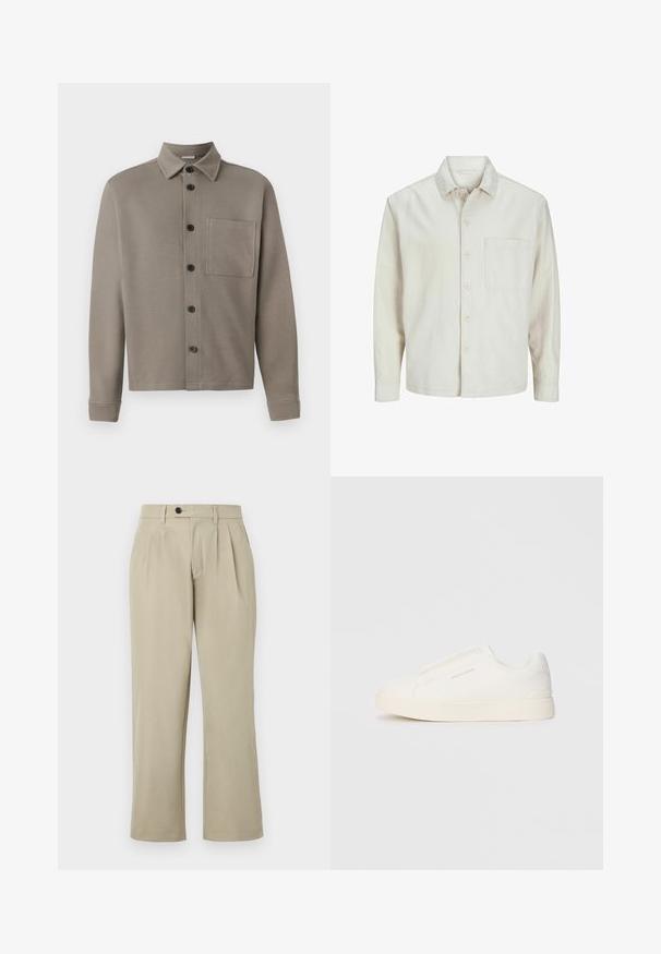 Beige button-up shirt made of cotton with a classic collar, long sleeves, one chest pocket, and a relaxed fit. Smooth, soft texture.; Light gray button-up shirt made of soft fabric; features a pointed collar, long sleeves, and a single chest pocket. Black buttons detail the front.; Beige trousers with a relaxed fit, featuring pleats, a button closure, side pockets, and straight legs. Smooth fabric texture.; White slip-on sneakers with a textured surface, a thick sole, and minimalistic design. Features brand logo on the side.
