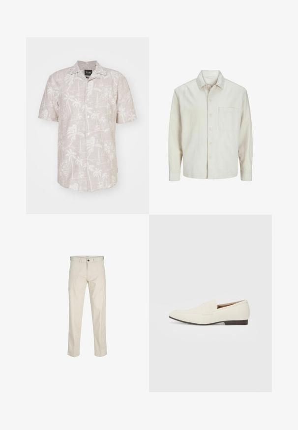 Beige nööbiga särk, mis on valmistatud puuvillast, klassikalise krae, pikkade varrukate, ühe rinnatasku ja avara lõikega. Sujuv, pehme tekstuur.; Lühikeste varrukatega nööpidega särk heledast beesist linast, millel on valge troopiline muster palmi- ja lilledega ning purjekatega.; Beeži puuvillased püksid sirge lõikega, nööpidega lukuga, ees taskud ja õmmeldud õmblused. Sile tekstuur, minimaalne disain ja ilma mustriteta.; Heledadbeez loafers, millelise lõpp, sile materjal, rihm üle vampi ja madal pruun talla. Lihtne disain minimaalse aktsentidega.