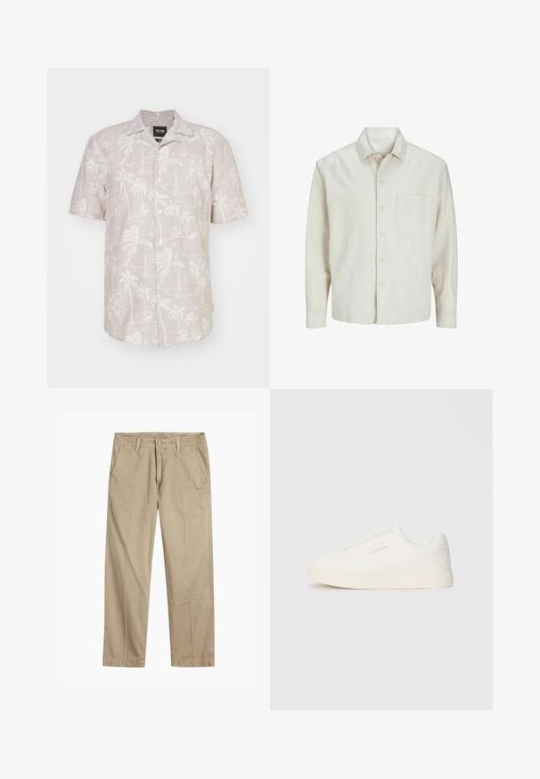 Bež košulja s dugim rukavima od pamuka, klasičnog ovratnika, s jednom džepom na prsima i opuštenim krojem. Glatka, meka tekstura.; Košulja kratkih rukava s dugmadi od svijetlog bež platna, koja sadrži bijeli tropski uzorak palmi, cvijeća i jedrilica.; Bež chinos hlače ravnog kroja s petljama za remen, prednjim gumbom i zatvaranjem nazip, te kosi prednjim džepovima.; Bijele slip-on tenisice s teksturiranom površinom, debelim đonom i minimalističkim dizajnom. Sadrže logo branda sa strane.