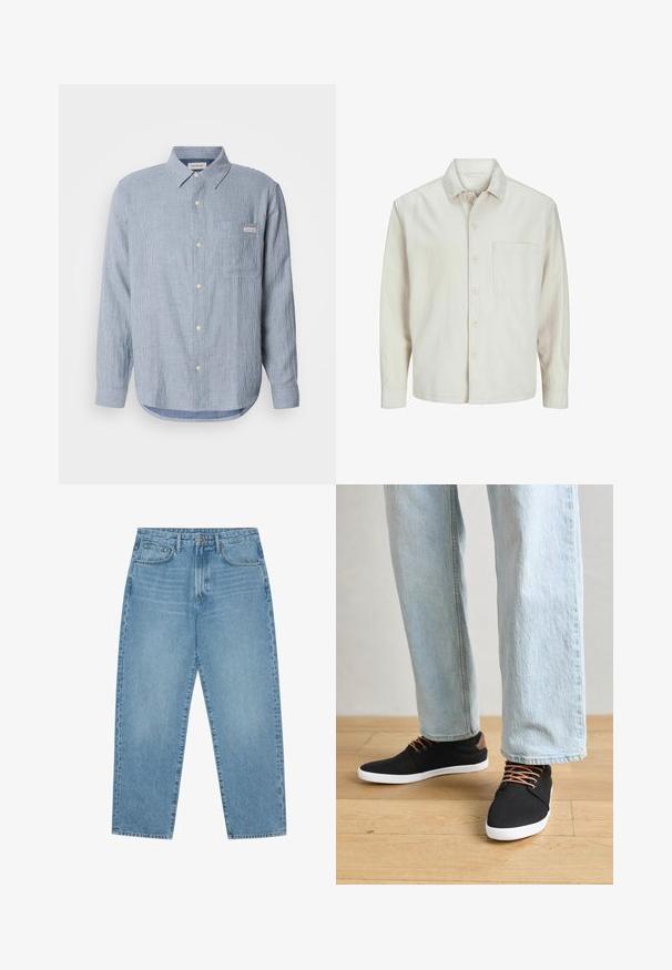 Bež srajca s gumbi, izdelana iz bombaža, s klasičnim ovratnikom, dolgimi rokavi, enim žepom na prsih in sproščenim krojem. Gladka, mehka tekstura.; Svetlo modra prugasta srajca s gumbi, bombažna tkanina, dolgi rokavi, koničast ovratnik, ena žep na prsih in podrobnost z oznako.; Svijetloplavi traper široki traperice s visokim strukom, s pet džepova, petljama za remen i mekom, pomalo izblijedjelom teksturom.; Črne platnene superge z rjavimi poudarki, belimi gumijastimi podplati in rjavimi vezalkami, v kombinaciji s svetlobluzimi naravnost krojenimi kavbojkami. Ozadje iz lesenih tal.