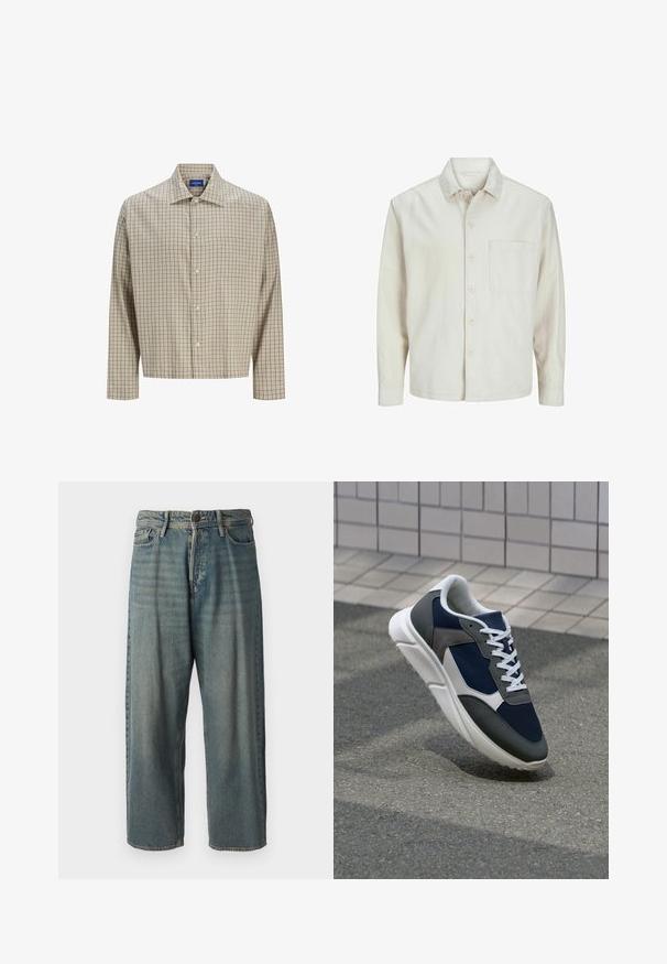 Beige painasärk, mis on valmistatud puuvillast, klassikalise kraega, pika varrukaga, ühe rinna taskuga ja lõdva lõikega. Sile, pehme tekstuur.; Beige ja ruskea ruudullinen napitettava paita, jossa on terävä kaulus, pitkät hihat, yksi rintatasku ja rento istuvuus. Valmistettu kudotusta kankaasta.; Vaaleansiniset farkut, joissa on väljä istuvuus, keskikorkea vyötärö ja suorat lahkeet. Ominaisuuksiin kuuluvat viisi taskua, vyölenkit ja nappisulku.; Kengät, joissa on tummansininen verkkopäällinen, harmaat mokka-yksityiskohdat, valkoinen kumipohja ja litteät valkoiset nauhat, suunniteltu mukavuutta ja hengittävyyttä varten.