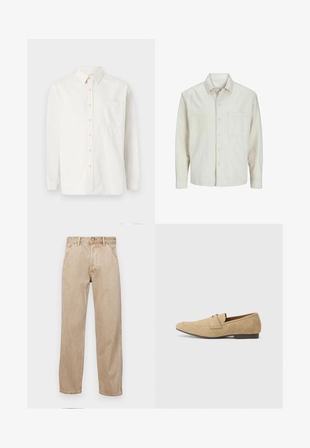 Šviesiai rudos spalvos medvilninis marškinis su klasikiniais atvartais, ilgomis rankovėmis, viena krūtine kišenė ir laisvas fasonas. Sklandus, minkštas paviršius.; Balta ilgomis rankovėmis marškiniai, pagaminti iš medvilnės mišinio, su mygtukiniu apykaklės dizainu, geltonais mygtukais ir viena kišenė ant krūtinės. Klasikinio silueto.; Smėlio spalvos džinsai su tiesia kojų siluetu, turintys priekinę kišenę, metalinį mygtuką ir subtilią tekstūrą.; Šviesiai rudos zomšinės loafers, su šiek tiek blizgesio, turinčios apvalų pirštą, be užsegimo dizainą ir žemą rudą kulnį. Subtili siuvimo detalė.