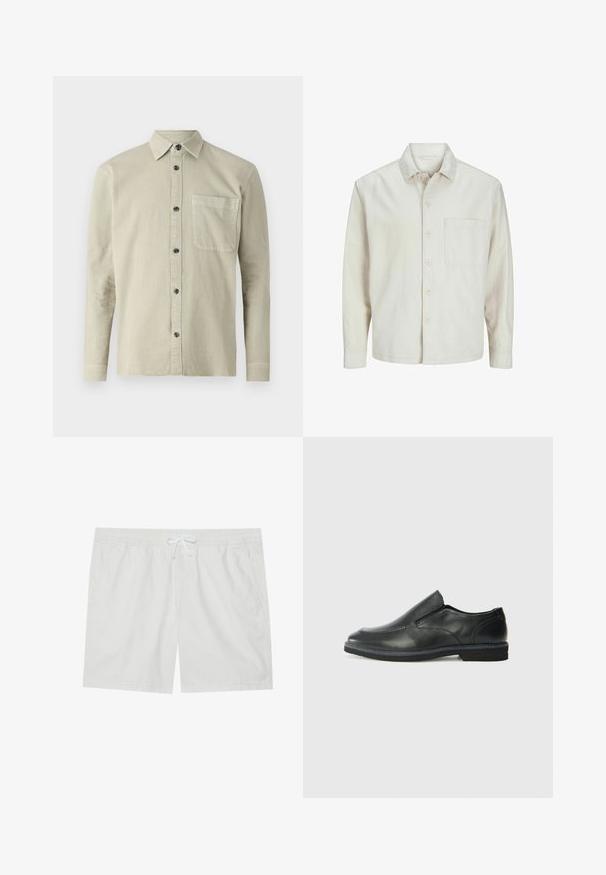 Cămașă bej cu nasturi, din bumbac, cu guler clasic, mâneci lungi, un buzunar la piept și o croială lejeră. Textură netedă și moale.; Cămașă cu mânecă lungă, butonată, dintr-un material bej deschis. Are un guler ascuțit, un buzunar pe piept și butoane negre. Design simplu, texturat.; Șorturi albe din bumbac, cu talie elastică și șnur, având două buzunare laterale și linii curate, oferind un design simplu.; Pantof de piele neagră, tip slip-on, cu un superior neted, accente cusute, vârf rotunjit și un toc jos din cauciuc. Talpa are un profil minim de aderență.