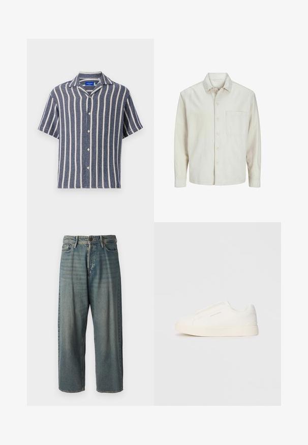 Šviesiai rudos spalvos medvilninis marškinis su klasikiniais atvartais, ilgomis rankovėmis, viena krūtine kišenė ir laisvas fasonas. Sklandus, minkštas paviršius.; Tamsiai mėlyna trumpomis rankovėmis marškinėliai su baltomis vertikaliomis juostelėmis. Pagaminti iš tekstūruoto audinio, su apverstu apykaklės dizainu ir mygtukų užsegimu.; Šviesiai mėlyni džinsai su laisvu siluetu, vidutinio aukščio juosmeniu ir tiesiomis kojomis. Su penkiais kišenėmis, diržo kilpo ir mygtukų uždarymu.; Baltos slip-on sportbačiai su tekstūruota paviršiumi, storesniu padu ir minimalistišku dizainu. Šone matosi prekės ženklo logotipas.