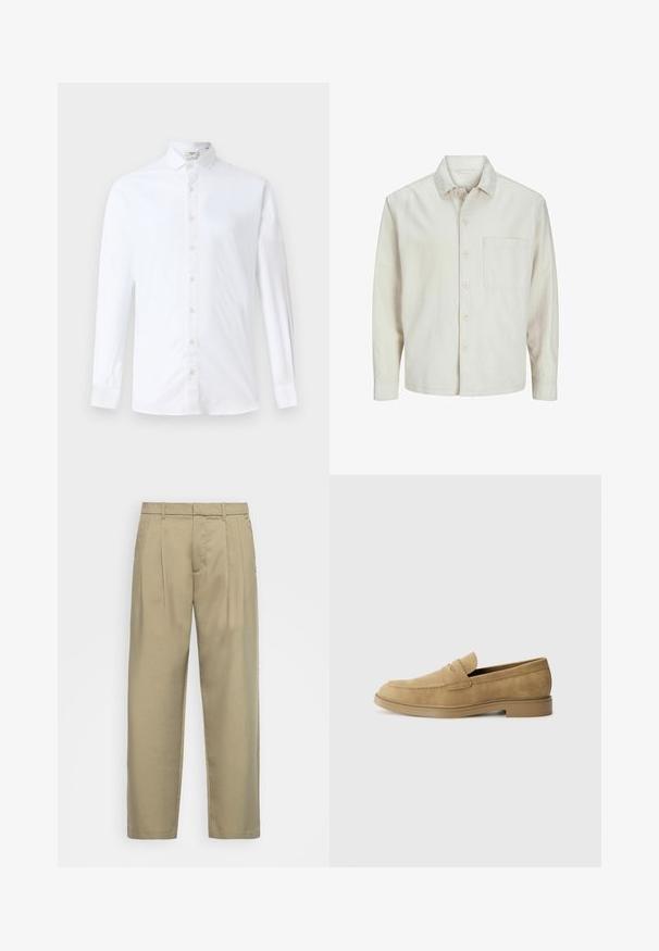 Beige pogrieta krekls no kokvilnas ar klasisku apkakli, garām piedurknēm, vienu krūšpocketu un brīvu piegriezumu. Gluda, maiga tekstūra.; Balts garās piedurknes pogājams krekls, izgatavots no kokvilnas, ar klasisku apkakli, taisnu griezumu un gludu tekstūru ar atbilstošām pogām.; Bēša, augstās jostas bikses ar taisnu piegriezumu, ar plakanu priekšpusi, sānu kabatām un gludu, teksturētu audumu.; Kafijas krāsas zamšādas loafers ar noapaļotu purngalu, zemu blokveida papēdi un izšūšanas detalizāciju augšdaļā. Gluda tekstūra un minimālisma dizains.