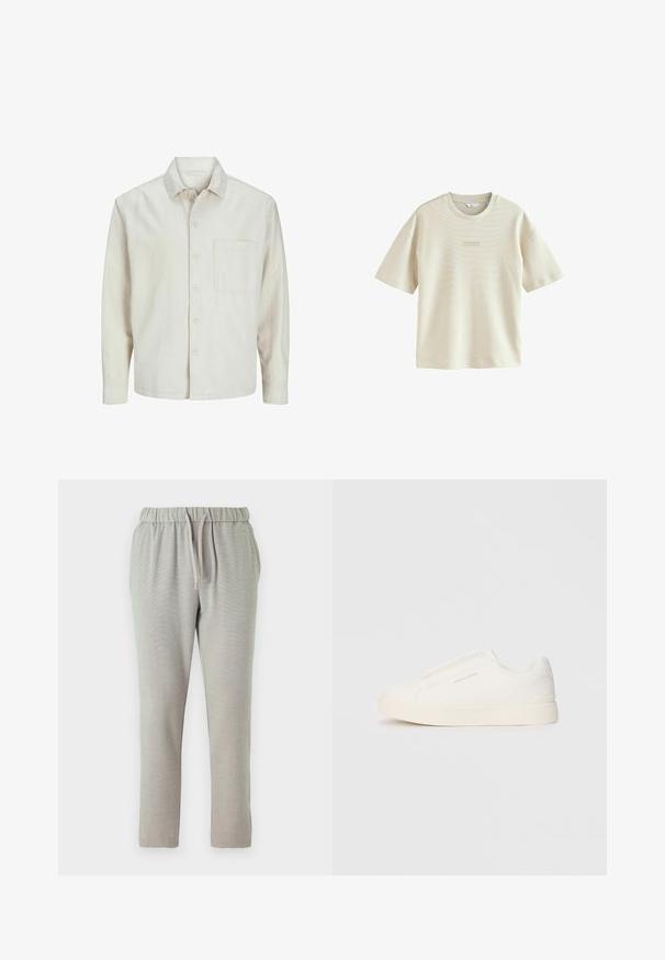 Beige Hemd mit Knopfleiste aus Baumwolle, klassischem Kragen, langen Ärmeln, einer Brusttasche und lockerer Passform. Glatte, weiche Textur.; Hellbeige T-Shirt mit kurzen Ärmeln aus weichem Stoff. Verfügt über ein dezentes Streifenmuster und ein kleines gedrucktes Logo auf der Brust.; Hellgraue Jogginghosen mit einem elastischen Bund und Kordelzug, tapered Beinen und einem strukturierten Stoff für zusätzlichen Komfort.; Weiße Slip-On-Sneaker mit einer strukturierten Oberfläche, dicker Sohle und minimalistischem Design. Mit Logo der Marke an der Seite.