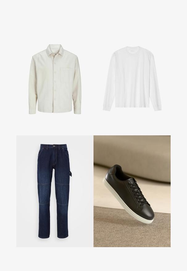 Beige painasärk, mis on valmistatud puuvillast, klassikalise kraega, pika varrukaga, ühe rinna taskuga ja lõdva lõikega. Sile, pehme tekstuur.; Pitkähihaisen valkoisen puuvillapaidan, jossa on pyöreä kaula-aukko ja ribbaus hihansuissa. Yksinkertainen, koristeltu design, jossa on sileä rakenne ja normaali istuvuus.; Tummansiniset farkut suoranlahkeisella leikkauksella, joissa on kaksi etutaskua, näkyvää ompelua ja sivumerkki toiminnallista yksityiskohtaa varten.; Mustat nahkaiset lenkkarit valkoisella kumipohjalla ja mustilla nauhoilla, aseteltuna vaaleanbeigejän kankaan pinnan ja taustan päälle.