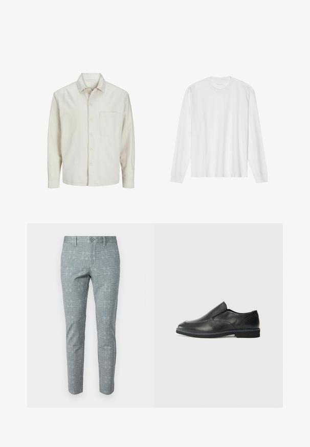 Beige pogrieta krekls no kokvilnas ar klasisku apkakli, garām piedurknēm, vienu krūšpocketu un brīvu piegriezumu. Gluda, maiga tekstūra.; Garas piedurkņu balta kokvilnas T-kreklu ar apaļu kakla izgriezumu un ribotām aprocēm. Vienkāršs, neizpušķots dizains ar gludu tekstūru un standarta piegriezumu.; Pelēku svītrainu bikses ar pieguļošu piegriezumu, pogu aizdari un gludu auduma tekstūru ar režģa rakstu.; Melnas ādas slip-on kurpes ar gludu augšdaļu, izšūtām akcentiem, noapaļotu purngala daļu un zemu gumijas papēdi. Zole ar minimālu rakstu.