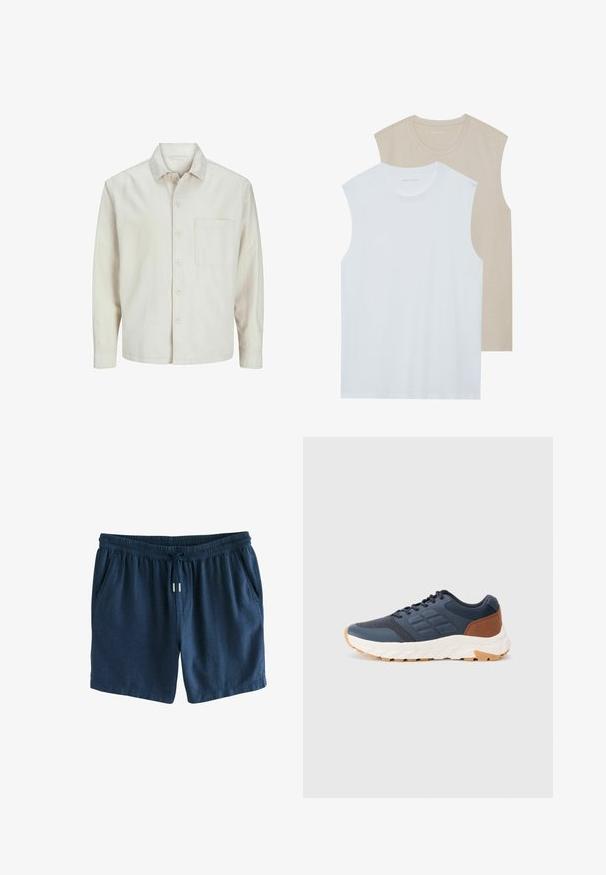 Šviesiai rudos spalvos medvilninis marškinis su klasikiniais atvartais, ilgomis rankovėmis, viena krūtine kišenė ir laisvas fasonas. Sklandus, minkštas paviršius.; Du švarko be rankovių: vienas baltas, kitas šviesiai smėlinis. Abu turi apvalius iškirpimus ir pagaminti iš minkštos, lygios medžiagos su laisvu siluetu.; Jūrų mėlynos šortai, pagaminti iš lengvos medžiagos. Yra elastinga juosmens juosta su raišteliu ir dvi šoninės kišenės. Paprastas dizainas.; Tamsiai mėlyni sportiniai bateliai su ruda pakylos akcentu, tekstūruota tinklelio viršutinė dalis, paminkštinta apykaklė ir balta guma su dėmėtu padu.