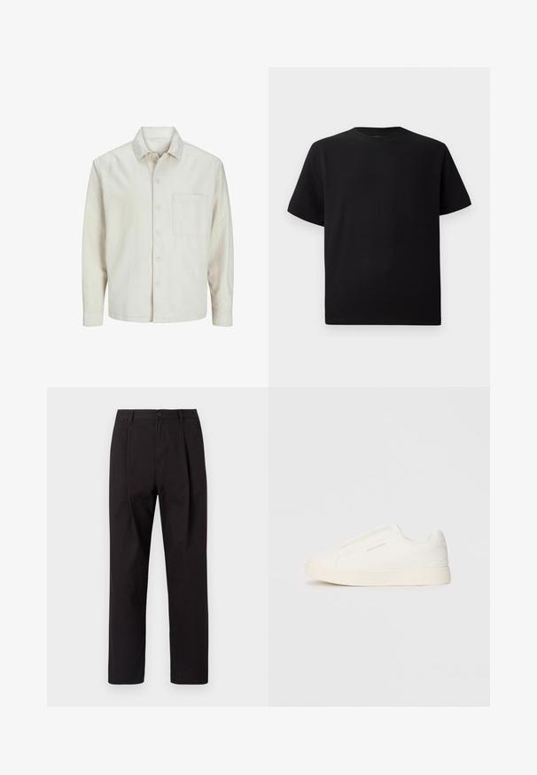Beige knäppskjorta i bomull med klassisk krage, långa ärmar, en bröstficka och en avslappnad passform. Slät, mjuk textur.; Svart kortärmad T-shirt gjord av texturerad tyg, med rund halsringning och avslappnad passform. Enkel, utan mönster eller detaljer.; Jack & Jones JPSTBILL WILLIAM WORKER - Chinos - black; Vita slip-on sneakers med en texturerad yta, en tjock sula och minimalistisk design. Har varumärkeslogotypen på sidan.