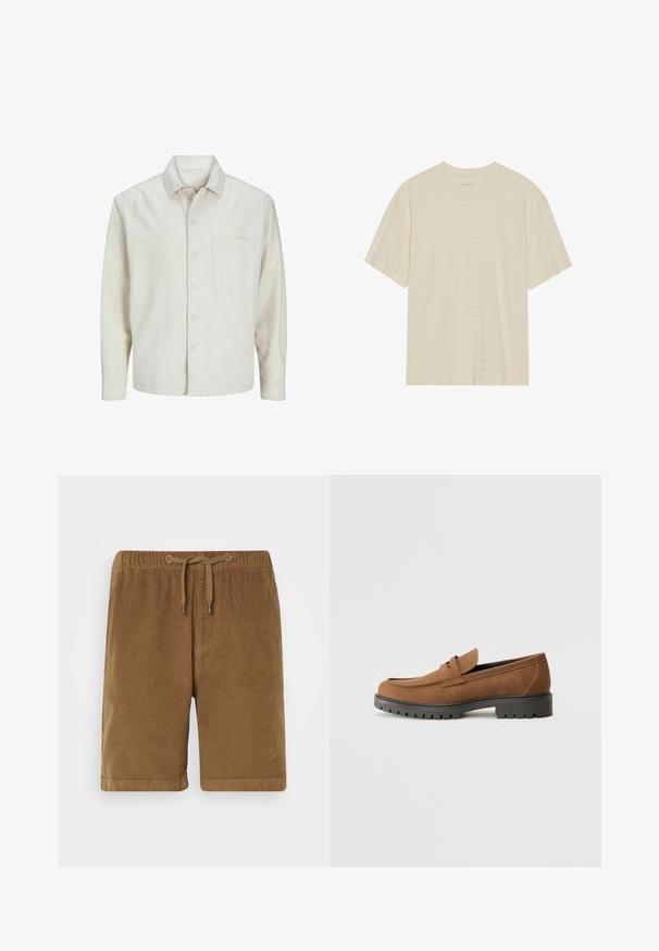 Bež srajca s gumbi, izdelana iz bombaža, s klasičnim ovratnikom, dolgimi rokavi, enim žepom na prsih in sproščenim krojem. Gladka, mehka tekstura.; T-maica kratkih rukava kremaste barve z diskretnim prugastim vzorcem in okroglim izrezom, izdelana iz lahkotnega blaga.; Rjavi korduroj kratki hlače z elastičnim pasom in vrvico, s preprosto krojem in zavihanimi robovi. Preprost dizajn, teksturirana tkanina.; Bordaste usnjene loafers z zaobljenim nosom in nizkim temnim gumijastim podplatom, z okrasnim trakcem in šivi na zgornjem delu.