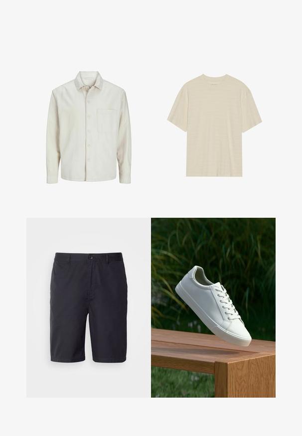 Beige painasärk, mis on valmistatud puuvillast, klassikalise kraega, pika varrukaga, ühe rinna taskuga ja lõdva lõikega. Sile, pehme tekstuur.; Lyhythihainen, vaalean kermanvärinen t-paita, jossa on hienovarainen raidallinen tekstuuri ja pyöreä kaula-aukko, valmistettu kevyestä kankaasta.; Tummansiniset shortsit, jotka on valmistettu kevyestä puuvillakankaasta. Niissä on nappikiinnitys, vyölenkit ja suora leikkaus polven ylle.; Valkoiset nauhalla kiinnitettävät lenkkarit leijuvat puupenkillä, taustalla vihreää kasvillisuutta, tuoden esiin kengän muotoilua ja pintarakennetta.