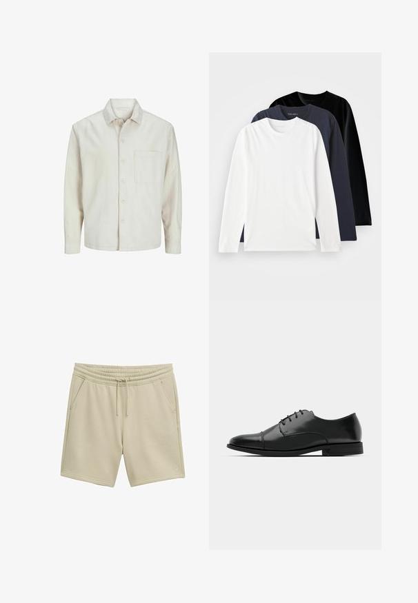 Beige košile na knoflíky vyrobená z bavlny s klasickým límcem, dlouhými rukávy, jednou náprsní kapsou a uvolněným střihem. Hladká a jemná textura.; Tři trička s dlouhým rukávem naskládaná na sobě: jedno bílé, jedno tmavě námořnické a jedno černé. Vyrobena z hladké bavlny, s kulatými výstřihy a bočními štěrbiny.; TOM TAILOR DENIM Teplákové kalhoty - beige abbey stone; Černé kožené společenské boty s kulatou špičkou, šněrováním, jemnými švy a nízkým podpatkem. Hladký povrch s lesklým finišem.