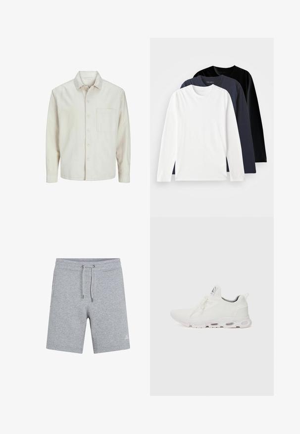 Beige Hemd mit Knopfleiste aus Baumwolle, klassischem Kragen, langen Ärmeln, einer Brusttasche und lockerer Passform. Glatte, weiche Textur.; Drei langärmelige T-Shirts gestapelt: eines in Weiß, eines in Dunkelblau und eines in Schwarz. Aus glattem Baumwollstoff gefertigt, mit runden Ausschnitten und seitlichen Schlitzen.; Graue Baumwollshorts mit einem elastischen Bund und verstellbarem Kordelzug. Verfügt über seitliche Taschen und ein kleines Logo am vorderen linken Bein.; Weiße Sportschuhe mit einem strukturierten Strickobermaterial, flachen Schnürsenkeln und einer gepolsterten Sohle mit sichtbaren Luftkammern für zusätzlichen Halt.