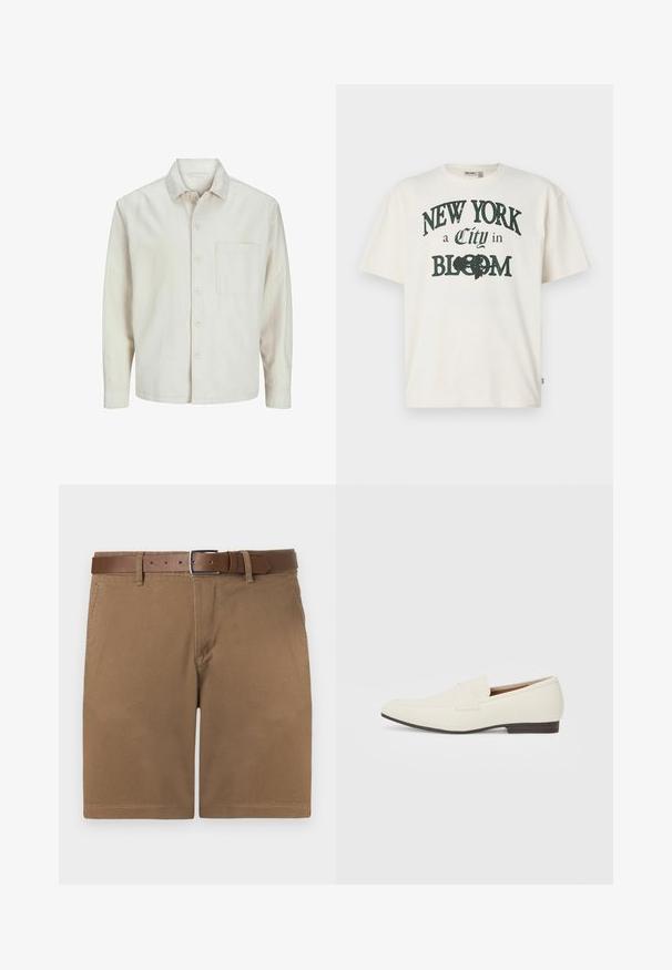 Beige painasärk, mis on valmistatud puuvillast, klassikalise kraega, pika varrukaga, ühe rinna taskuga ja lõdva lõikega. Sile, pehme tekstuur.; Kreemi värvi puuvillane T-särk lühikeste varrukatega, millel on trükisega kujundus, kus on kirjutatud "NEW YORK a City in BLOOM" tumerohelisega.; Ruske puuvillashortsit, joissa on teksturoitu pinta, ruskealla nahkavyöllä, jossa on hopeanvärinen solki, ja klassinen suora leikkaus.; Vaaleanbeige loaferit, joissa on terävä kärki, sileä materiaali, nauha vampin yli ja matala ruskea pohja. Yksinkertainen muotoilu, jossa on minimaalista korostusta.