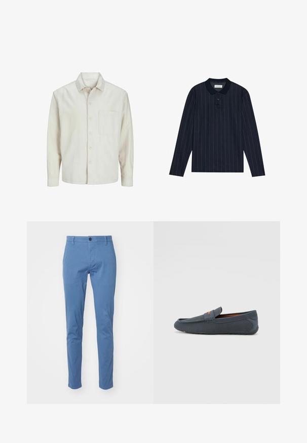 Beige button-up shirt made of cotton with a classic collar, long sleeves, one chest pocket, and a relaxed fit. Smooth, soft texture.; Navy long-sleeve polo shirt with a collared neckline, featuring thin vertical stripes and three-button placket. Soft fabric texture.; DOCKERS SMART SUPREME FLEX SKINNY - Chinos - bluefin; Gray perforated loafers with a slip-on design, featuring an orange accent, rounded toe, and textured rubber outsole.