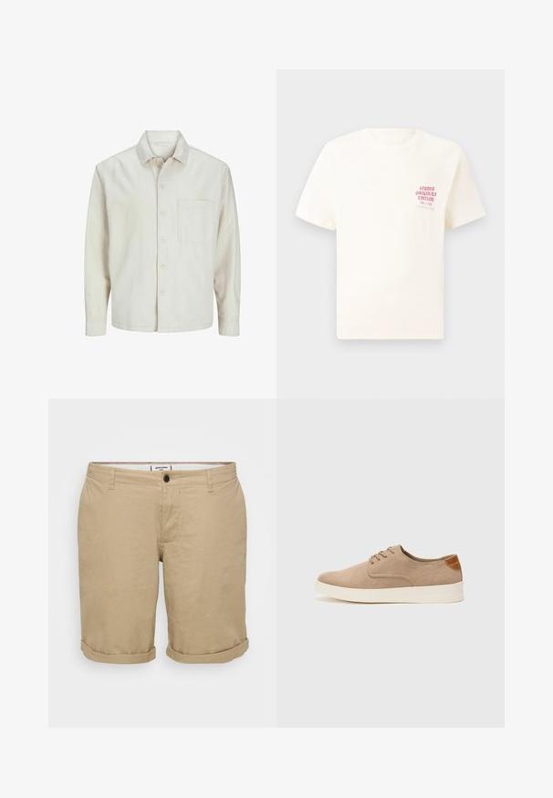 Beige button-up shirt made of cotton with a classic collar, long sleeves, one chest pocket, and a relaxed fit. Smooth, soft texture.; White short-sleeve T-shirt with red text "Studio Originals Edition" on left chest, displayed on a neutral gray background.; Light khaki shorts with a straight cut, made of cotton. Features a single front button, side pockets, and rolled-up hems.; Beige suede sneakers with a rounded toe, lace-up front, and a textured back accent. White rubber sole provides contrast. Simple and modern design.