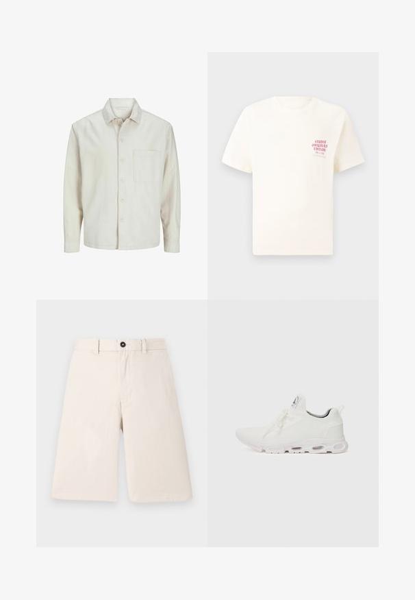 Camisa de botón de color beige hecha de algodón, con un cuello clásico, mangas largas, un bolsillo en el pecho y un corte relajado. Textura suave y lisa.; Camiseta blanca de manga corta con el texto rojo "Edición de Studio Originals" en el lado izquierdo del pecho, exhibida sobre un fondo gris neutro.; Pantalones cortos de algodón beige con un diseño de corte recto, que cuentan con cierre de botón y presillas para cinturón. Textura suave sin patrones ni acentos.; Zapatillas deportivas blancas con un upper de punto texturizado, cordones planos y una suela acolchada con cámaras de aire visibles para mayor soporte.