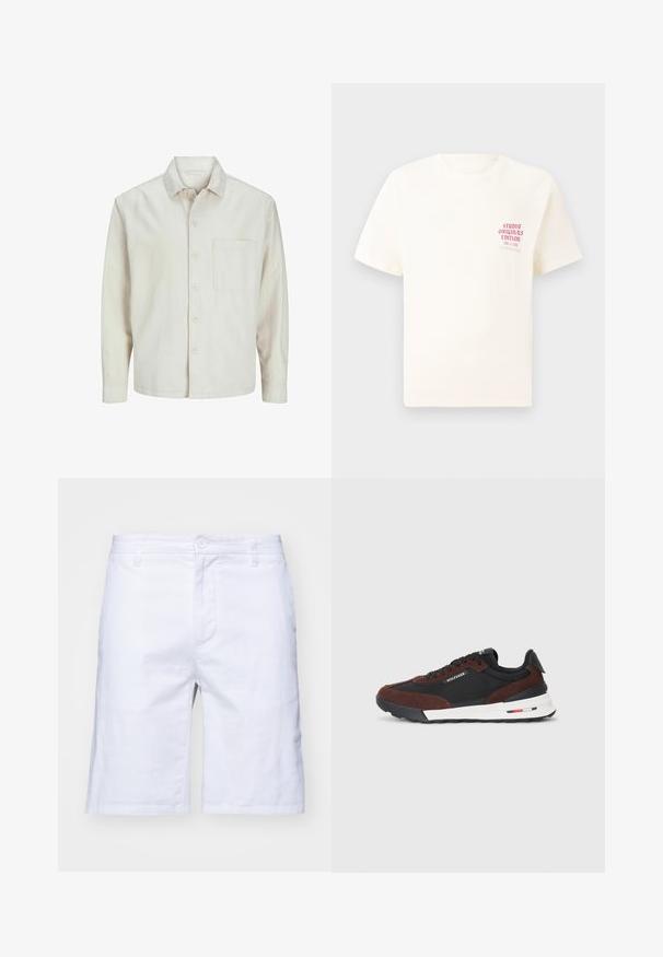 Beige button-up shirt made of cotton with a classic collar, long sleeves, one chest pocket, and a relaxed fit. Smooth, soft texture.; White short-sleeve T-shirt with red text "Studio Originals Edition" on left chest, displayed on a neutral gray background.; White cotton shorts with a straight cut, zipper fly, and button closure. Features side pockets and a smooth texture.; Tommy Hilfiger RETRO RUNNER MIX - Trainers - black/cocoa