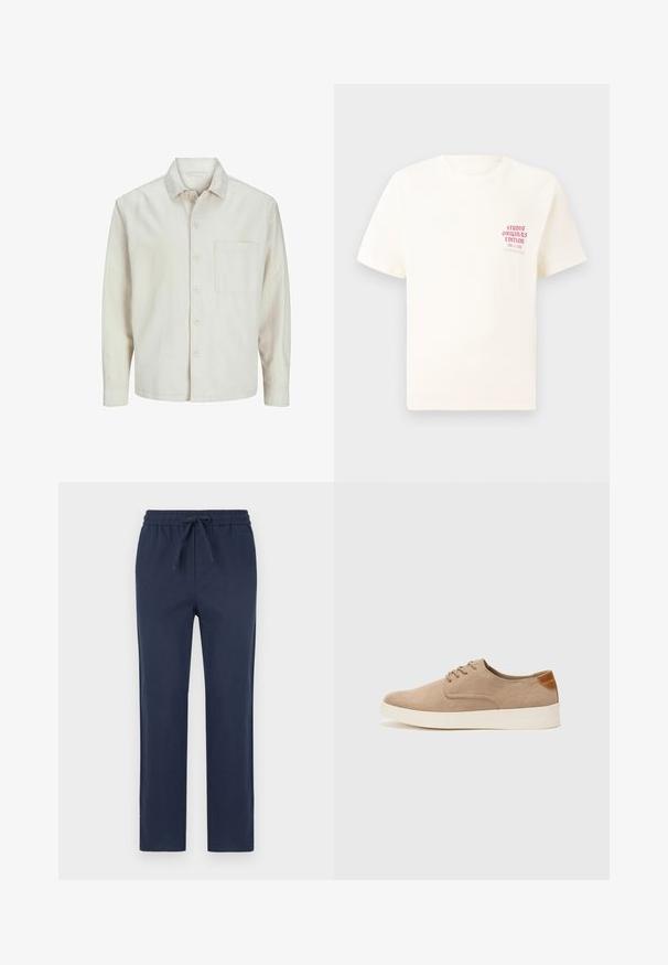 Béžová košeľa s gombíkmi vyrobená z bavlny, s klasickým golierom, dlhými rukávmi, jednou náprsní kapsou a voľným strihom. Hladká, mäkká textúra.; Biele tričko s krátkym rukávom s červeným textom "Studio Originals Edition" na ľavej hrudi, zobrazené na neutrálnom šedom pozadí.; Námornícky modré elastické nohavice s pásom na šnúrku, rovného strihu, hladkej textúry a bez viditeľných vzorov alebo kovových detailov.; Béžové semišové tenisky s okrúhlou špičkou, šnurovaním vpredu a textúrovaným zadným akcentom. Biela gumová podrážka poskytuje kontrast. Jednoduchý a moderný dizajn.