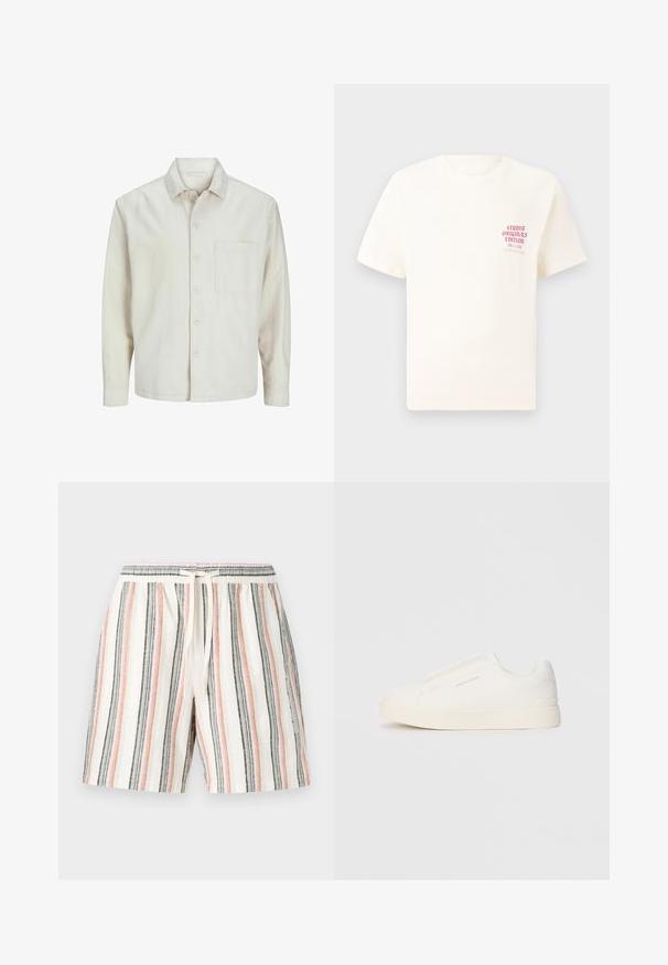 Beige Hemd mit Knopfleiste aus Baumwolle, klassischem Kragen, langen Ärmeln, einer Brusttasche und lockerer Passform. Glatte, weiche Textur.; Weißes T-Shirt mit kurzen Ärmeln und rotem Text "Studio Originals Edition" auf der linken Brust, präsentiert vor einem neutralen grauen Hintergrund.; Gestreifte Shorts aus leichtem Stoff, mit vertikalen Streifen in Weiß, Pink, Grau und Schwarz, versehen mit einem elastischen Bund und einer Kordel.; Weiße Slip-On-Sneaker mit einer strukturierten Oberfläche, dicker Sohle und minimalistischem Design. Mit Logo der Marke an der Seite.